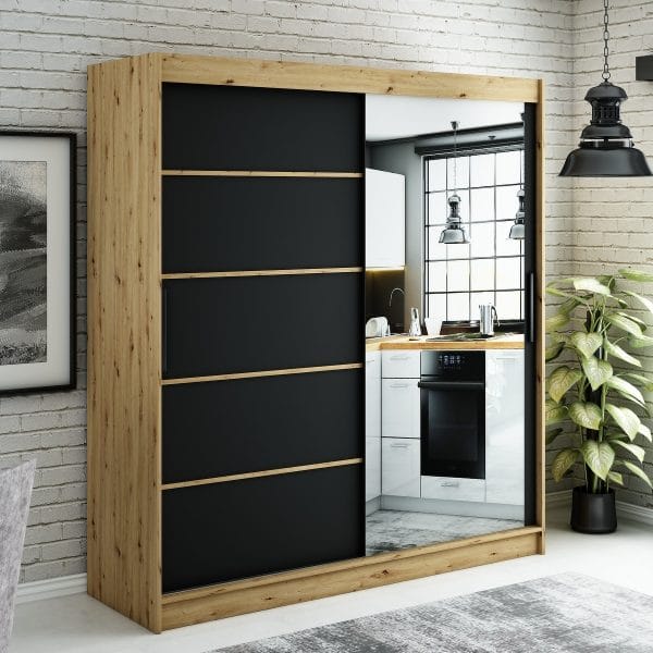 Szafa LIAM V2 200 z korpusem w kolorze dąb artisan ,fronty czarny mat listwa dąb artisan i lustro