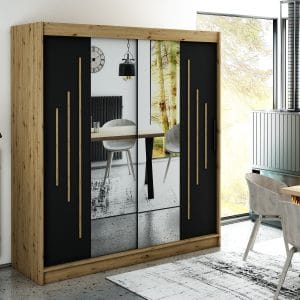 Szafa LIAM Y1 200 z korpusem w kolorze dąb artisan ,fronty czarny mat listwa dąb artisan i lustro