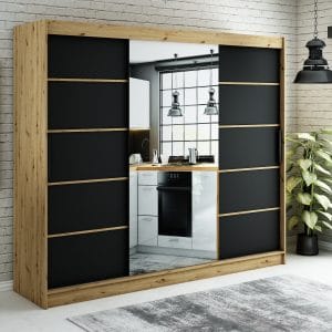 Szafa LIAM V2 250 z korpusem w kolorze dąb artisan ,fronty czarny mat listwa dąb artisan i lustro