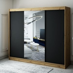 Szafa LIAM T1 250 z korpusem w kolorze dąb artisan ,front czarny mat z lustrem