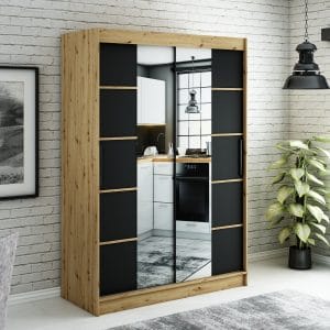 Szafa LIAM V4 150 z korpusem w kolorze dąb artisan ,fronty czarny mat listwa dąb artisan i lustro