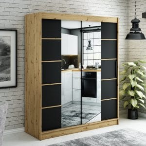 Szafa LIAM V2 180 z korpusem w kolorze dąb artisan ,fronty czarny mat listwa dąb artisan i lustro