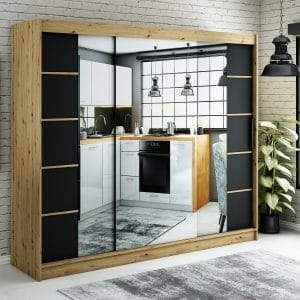 Szafa LIAM V4 250 z korpusem w kolorze dąb artisan ,fronty czarny mat listwa dąb artisan i lustro