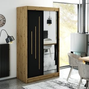 Szafa LIAM Y2 120 z korpusem w kolorze dąb artisan ,fronty czarny mat listwa dąb artisan i lustro