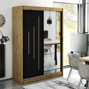 Szafa LIAM Y2 150 z korpusem w kolorze dąb artisan ,fronty czarny mat listwa dąb artisan i lustro