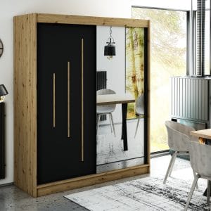 Szafa LIAM Y2 180 z korpusem w kolorze dąb artisan ,fronty czarny mat listwa dąb artisan i lustro