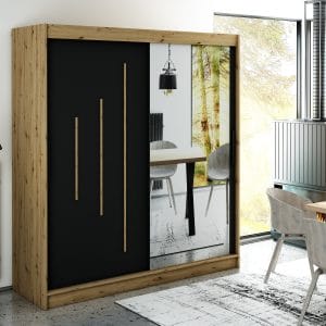 Szafa LIAM Y2 200 z korpusem w kolorze dąb artisan ,fronty czarny mat listwa dąb artisan i lustro