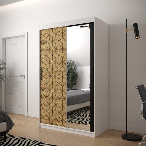 Szafa TONNY 2 120 korpus biały , fronty w kolorze plaster miodu dąb artisan z lustrem