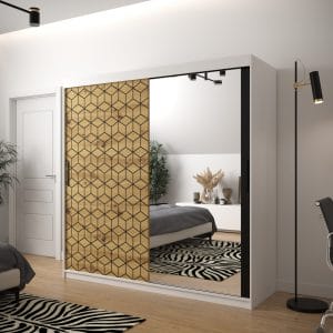 Szafa TONNY 2 200 korpus biały , fronty w kolorze plaster miodu dąb artisan z lustrem