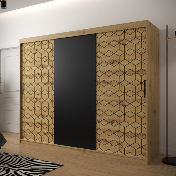 Szafa TONNY 250 korpus dąb artisan, fronty w kolorze czarny mat, plaster miodu dąb artisan