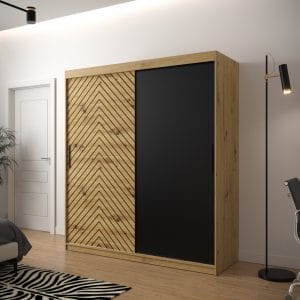 Szafa LIA 180 korpus dąb artisan, fronty jodełka dąb artisan, mat czarny