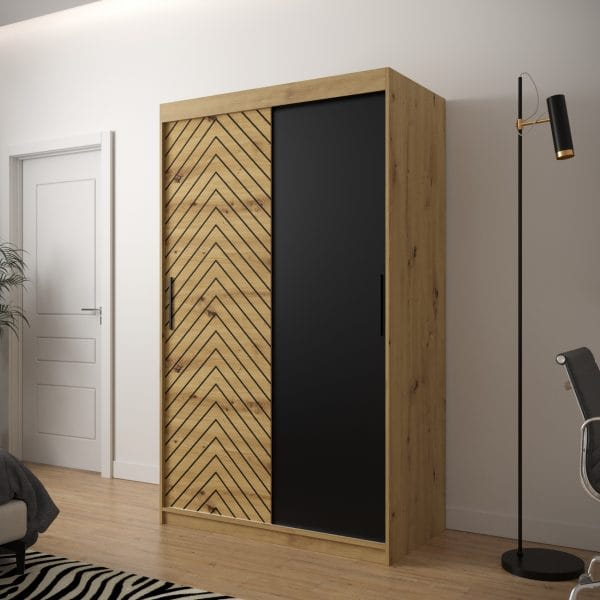 Szafa LIA 120 korpus dąb artisan, fronty jodełka dąb artisan, mat czarny
