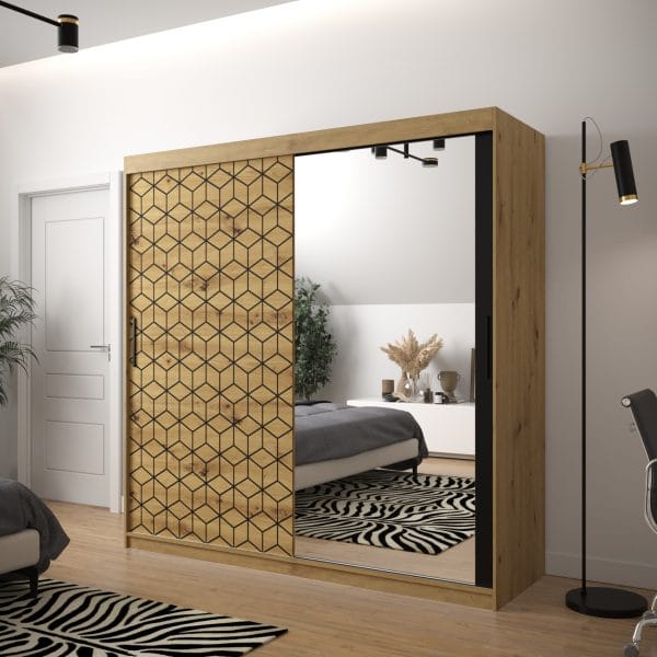 Szafa TONNY 2 200 korpus dąb artisan, fronty w kolorze plaster miodu dąb artisan z lustrem