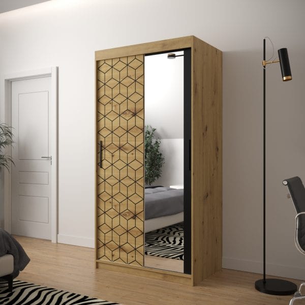 Szafa TONNY 2 100 korpus dąb artisan, fronty w kolorze plaster miodu dąb artisan z lustrem