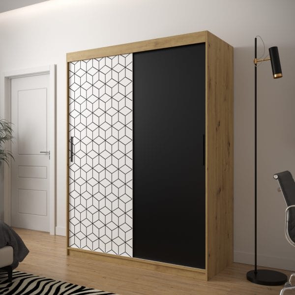 Szafa TONNY 150 korpus dąb artisan, fronty w kolorze czarny mat, plaster miodu biały
