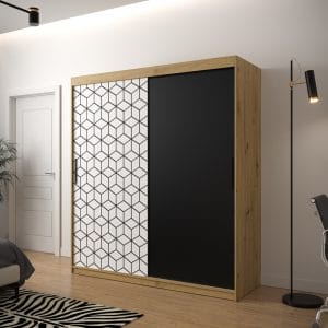Szafa TONNY 180 korpus dąb artisan, fronty w kolorze czarny mat, plaster miodu biały