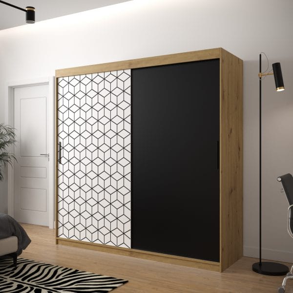 Szafa TONNY 200 korpus dąb artisan, fronty w kolorze czarny mat, plaster miodu biały