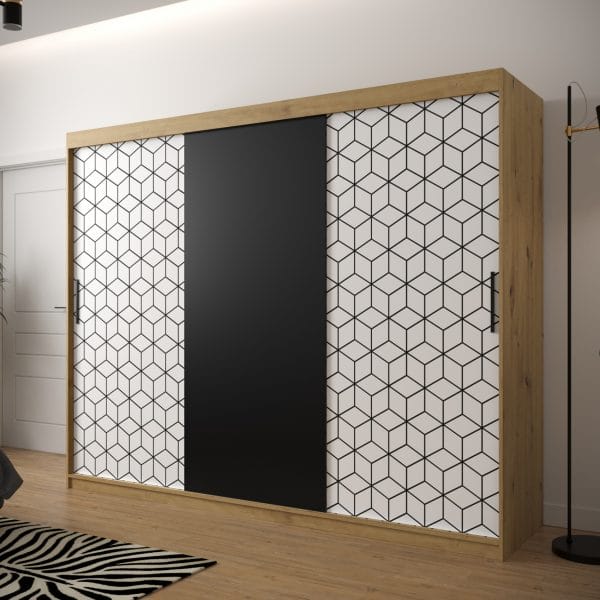 Szafa TONNY 250 korpus dąb artisan, fronty w kolorze czarny mat, plaster miodu biały