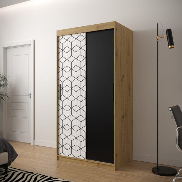 Szafa TONNY 100 korpus dąb artisan, fronty w kolorze czarny mat, plaster miodu biały