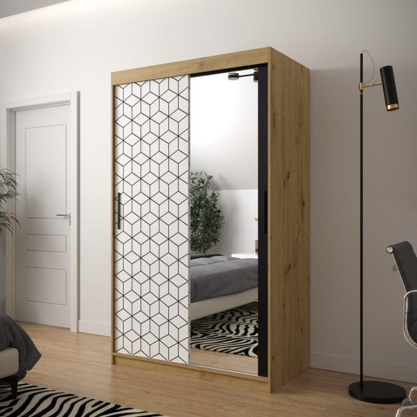 Szafa TONNY 2 120 korpus dąb artisan, fronty w kolorze plaster miodu biały z lustrem