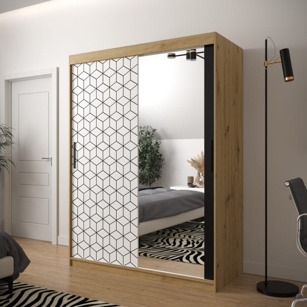 Szafa TONNY 2 150 korpus dąb artisan, fronty w kolorze plaster miodu biały z lustrem