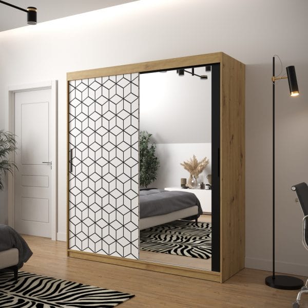 Szafa TONNY 2 180 korpus dąb artisan, fronty w kolorze plaster miodu biały z lustrem