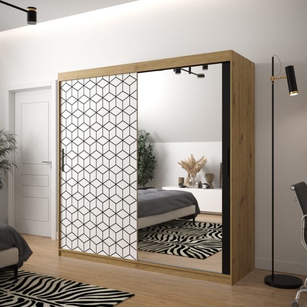 Szafa TONNY 2 200 korpus dąb artisan, fronty w kolorze plaster miodu biały z lustrem