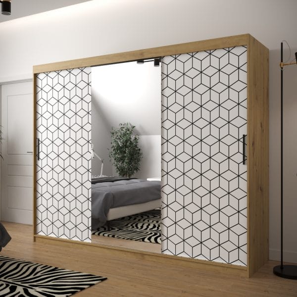Szafa TONNY 2 250 korpus dąb artisan, fronty w kolorze plaster miodu biały z lustrem