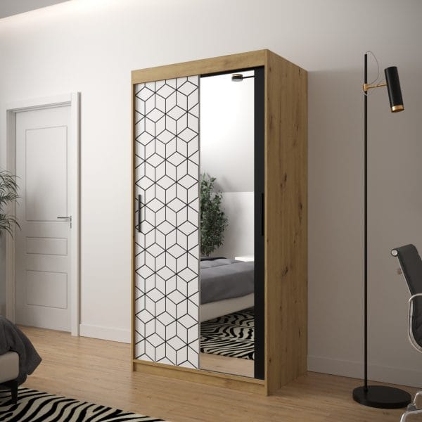 Szafa TONNY 2 100 korpus dąb artisan, fronty w kolorze plaster miodu biały z lustrem