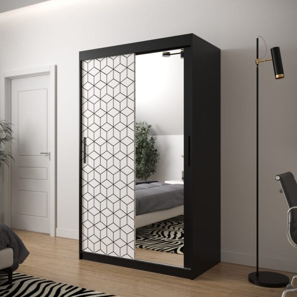 Szafa TONNY 2 120 korpus czarny, fronty w kolorze plaster miodu biały z lustrem