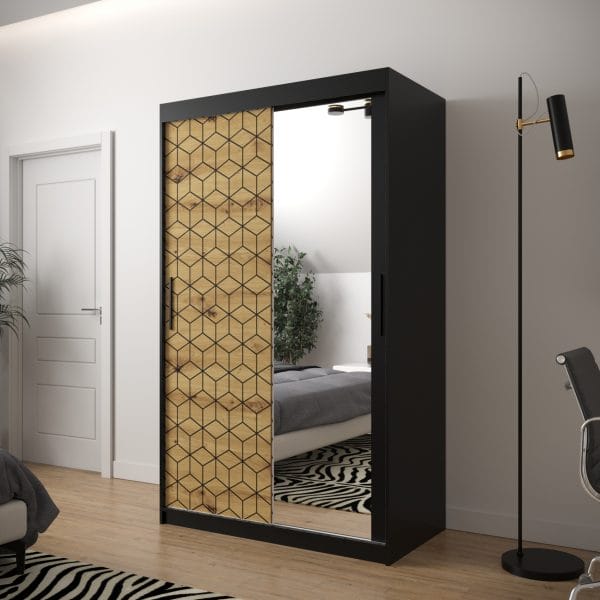 Szafa TONNY 2 120 korpus czarny, fronty w kolorze plaster miodu dąb artisan z lustrem