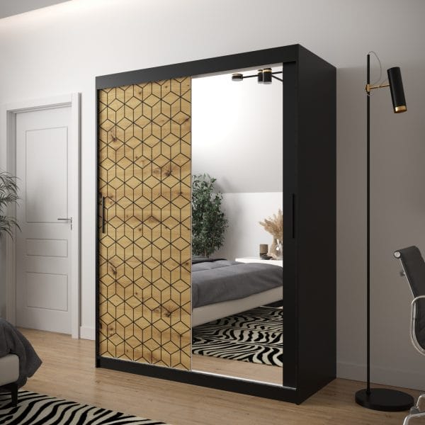 Szafa TONNY 2 150 korpus czarny, fronty w kolorze plaster miodu dąb artisan z lustrem
