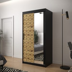 Szafa TONNY 2 100 korpus czarny, fronty w kolorze plaster miodu dąb artisan z lustrem