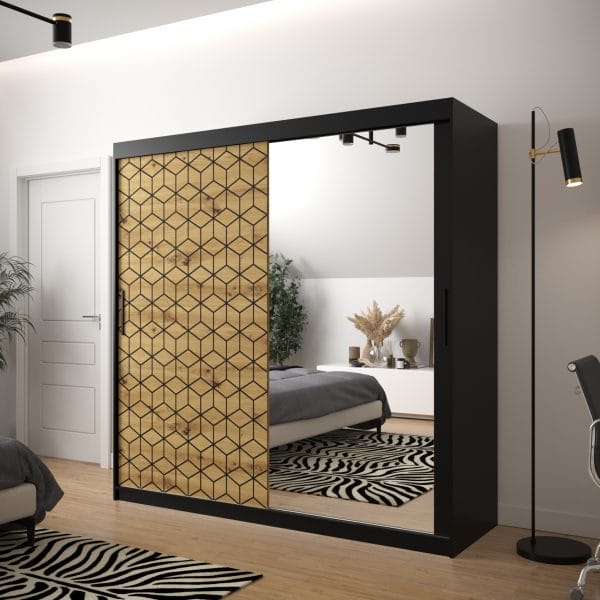 Szafa TONNY 2 200 korpus czarny, fronty w kolorze plaster miodu dąb artisan z lustrem