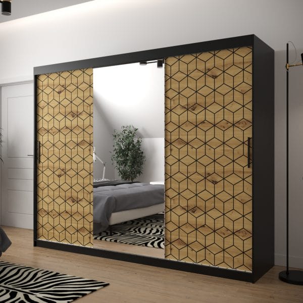 Szafa TONNY 2 250 korpus czarny, fronty w kolorze plaster miodu dąb artisan z lustrem