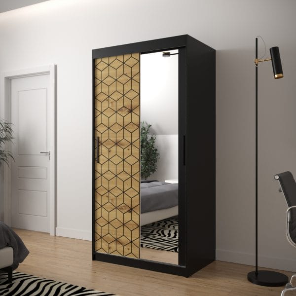 Szafa TONNY 2 100 korpus czarny, fronty w kolorze plaster miodu dąb artisan z lustrem