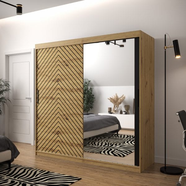 Szafa LIA 2 200 korpus dąb artisan, fronty jodełka dąb artisan i lustro