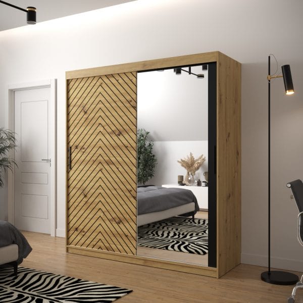 Szafa LIA 2 180 korpus dąb artisan, fronty jodełka dąb artisan i lustro
