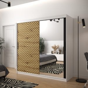 Szafa LIA 2 200 korpus biały, fronty jodełka dąb artisan i lustro