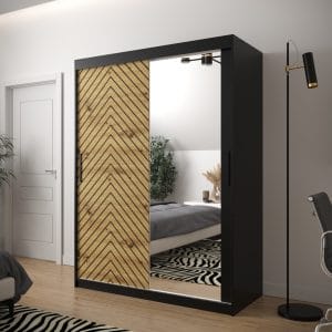Szafa LIA 2 150 korpus czarny, fronty jodełka dąb artisan i lustro