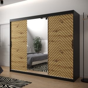 Szafa LIA 2 250 korpus czarny, fronty jodełka dąb artisan i lustro