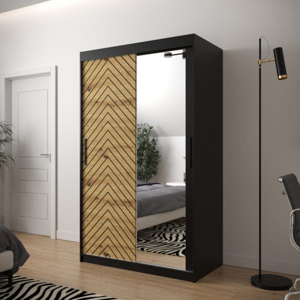 Szafa LIA 2 120 korpus czarny, fronty jodełka dąb artisan i lustro