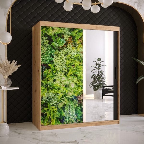 Szafa BLUSZCZ 2 150 korpus dąb artisan, front z nadrukiem bluszczu i lustrem