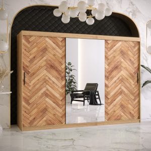 Szafa PARKIET 2 250 Korpus w kolorze dąb artisan , front z nadrukiem parkiet i lustro