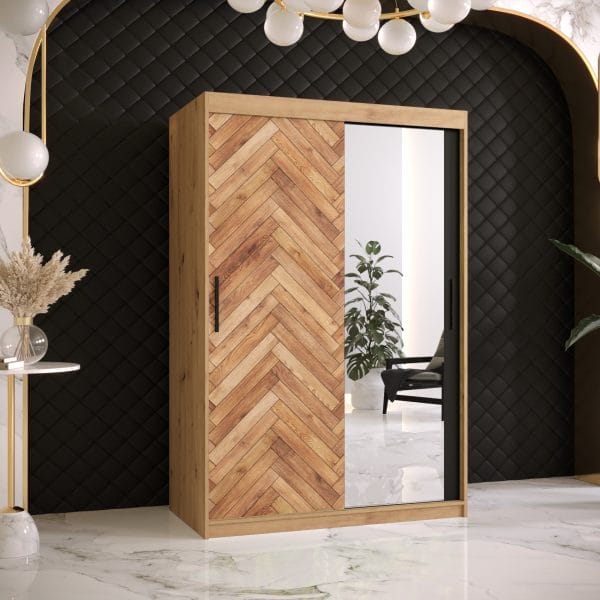 Szafa PARKIET 2 120 Korpus w kolorze dąb artisan , front z nadrukiem parkiet i lustro