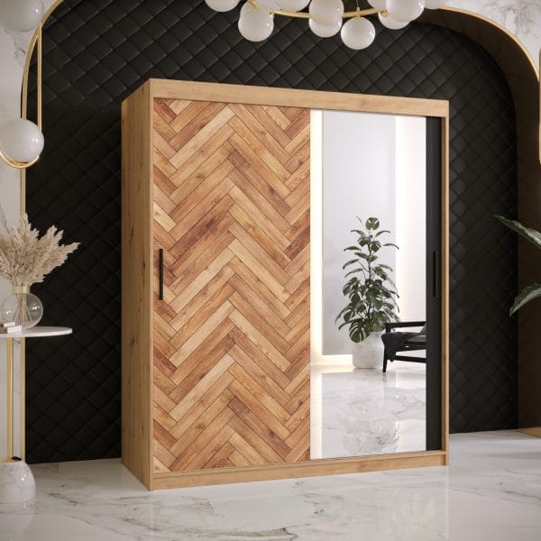 Szafa PARKIET 2 150 Korpus w kolorze dąb artisan , front z nadrukiem parkiet i lustro