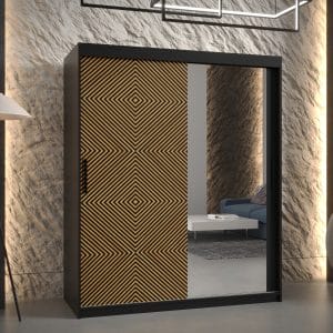 Szafa SONRE 2 150 korpus czarny fronty z orginalnym wzorem i lustrem