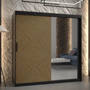 Szafa SONRE 2 180 korpus czarny fronty z orginalnym wzorem i lustrem