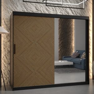 Szafa SONRE 2 200 korpus czarny fronty z orginalnym wzorem i lustrem