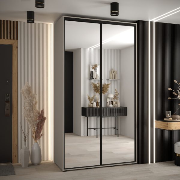 Szafa DAKOTA 2 140 szerokość 45cm korpus kaszmir front lustro i czarna listwa